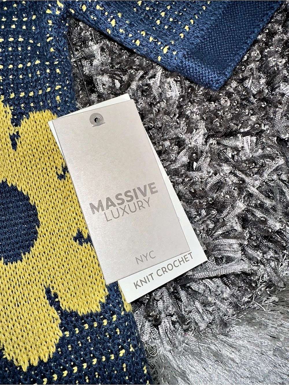 MASSIVE LUXURY Knit Crochet Floral Polo in Blue & Yellow NWT - Picture 5 of 5